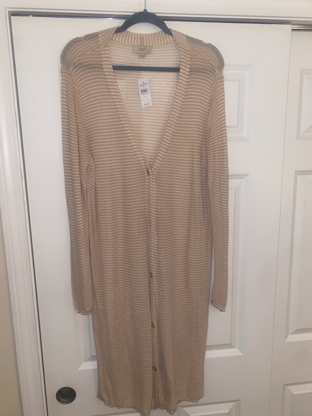 LOFT Neutral Striped Long Button Cardigan - Beige & Cream
